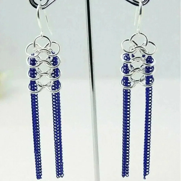 Handcrafted Long Shoulder Duster Metal Chain Earrings Silver Cobalt Blue - Picture 1 of 1